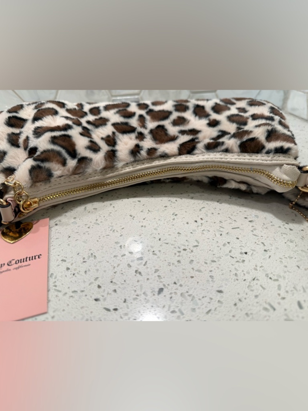 Juicy Couture Snow Leopard Love Fur Shoulder Bag Gold Trim NEW Fur Heart Charm - Picture 10 of 12